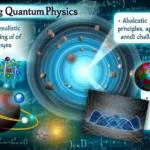 Atomare Darstellung mit Elektronenwellen vor einem Hintergrund eines Labors mit Quantencomputern und Lasertechnik.