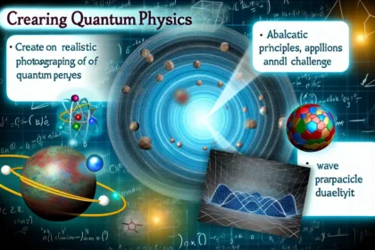 Atomare Darstellung mit Elektronenwellen vor einem Hintergrund eines Labors mit Quantencomputern und Lasertechnik.