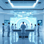Arzt im futuristischen Krankenhaus, der mit KI-basierten holografischen medizinischen Daten arbeitet
