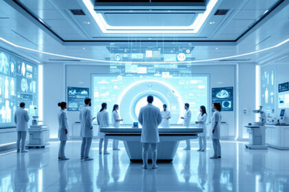 Arzt im futuristischen Krankenhaus, der mit KI-basierten holografischen medizinischen Daten arbeitet