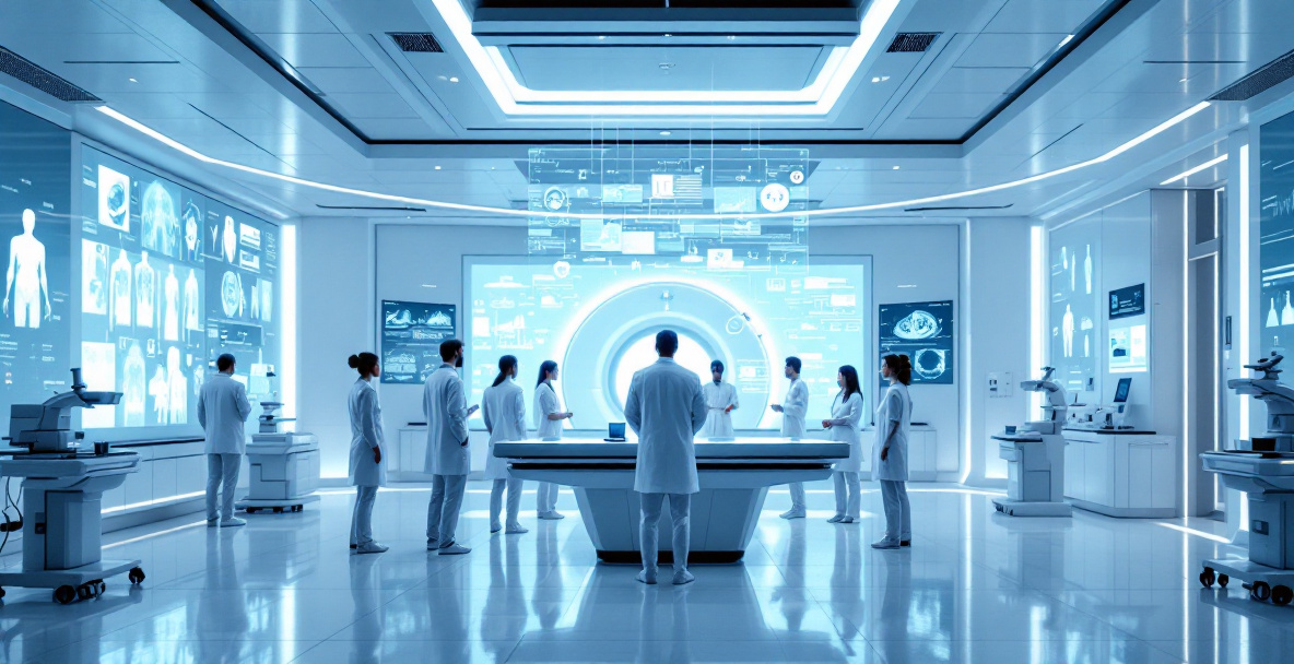 Arzt im futuristischen Krankenhaus, der mit KI-basierten holografischen medizinischen Daten arbeitet