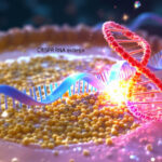 Darstellung des CRISPR-Mechanismus im menschlichen Zellkern mit Guide RNA und Cas9-Enzym