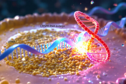 Darstellung des CRISPR-Mechanismus im menschlichen Zellkern mit Guide RNA und Cas9-Enzym