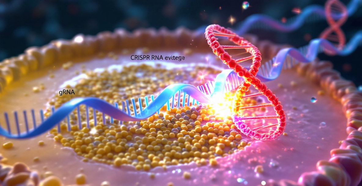 Darstellung des CRISPR-Mechanismus im menschlichen Zellkern mit Guide RNA und Cas9-Enzym