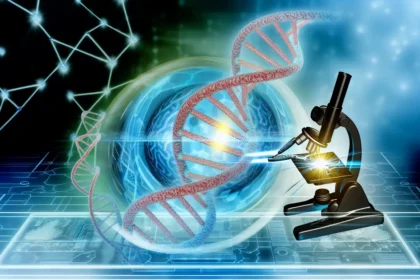Illustration des CRISPR-Cas9-Proteinkomplexes, der DNA an einem Zielort schneidet und eine DNA-Spendersequenz für präzise Genomeditierung einfügt.