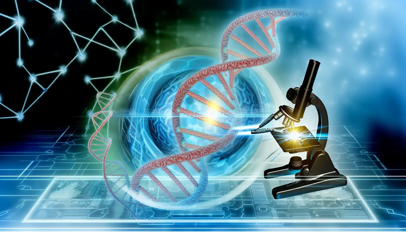 Illustration des CRISPR-Cas9-Proteinkomplexes, der DNA an einem Zielort schneidet und eine DNA-Spendersequenz für präzise Genomeditierung einfügt.