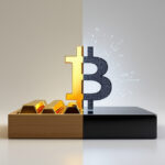 Vergleich zwischen Goldbarren und Bitcoin-Symbol als Schutz vor Inflation.