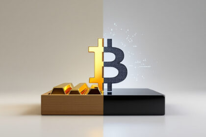 Vergleich zwischen Goldbarren und Bitcoin-Symbol als Schutz vor Inflation.