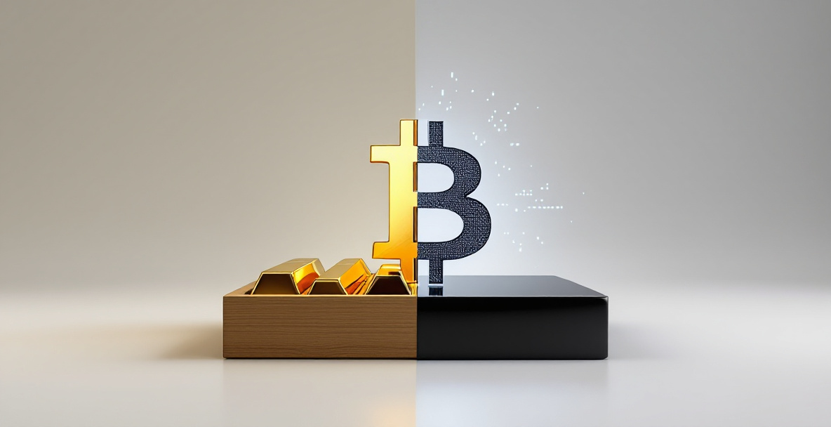 Vergleich zwischen Goldbarren und Bitcoin-Symbol als Schutz vor Inflation.