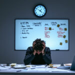 Eine nachdenkliche Person sitzt an einem unaufgeräumten Schreibtisch mit Kalender und Uhr – Symbol für Prokrastination.