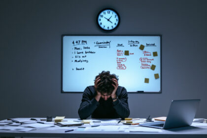 Eine nachdenkliche Person sitzt an einem unaufgeräumten Schreibtisch mit Kalender und Uhr – Symbol für Prokrastination.