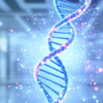 Symbolbild für künstliche Intelligenz und CRISPR: DNA-Strang verschmilzt mit digitalen Daten in einem futuristischen Labor.