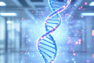 Symbolbild für künstliche Intelligenz und CRISPR: DNA-Strang verschmilzt mit digitalen Daten in einem futuristischen Labor.