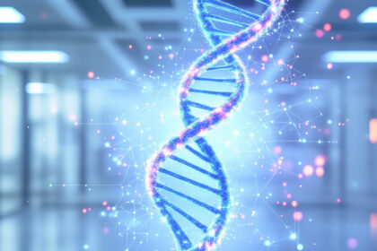 Symbolbild für künstliche Intelligenz und CRISPR: DNA-Strang verschmilzt mit digitalen Daten in einem futuristischen Labor.