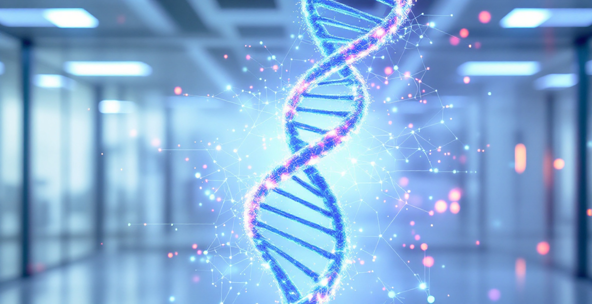 Symbolbild für künstliche Intelligenz und CRISPR: DNA-Strang verschmilzt mit digitalen Daten in einem futuristischen Labor.