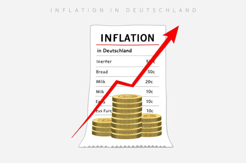 Illustration eines Kassenbons mit steigenden Preisen, Euro-Münzen und einem roten Aufwärtspfeil als Symbol für Inflation in Deutschland.