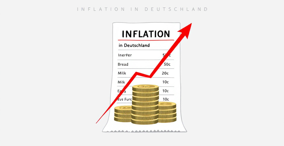 Illustration eines Kassenbons mit steigenden Preisen, Euro-Münzen und einem roten Aufwärtspfeil als Symbol für Inflation in Deutschland.