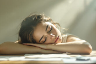 Eine nachdenkliche Person am Schreibtisch mit Anzeichen früher Burnout-Symptome im Gesicht