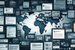 Illustration zu staatlich gesteuerten Desinformationskampagnen über soziale Medien mit Symbolen für Russland, China, Iran und digitale Fälschungen.