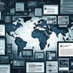 Illustration zu staatlich gesteuerten Desinformationskampagnen über soziale Medien mit Symbolen für Russland, China, Iran und digitale Fälschungen.