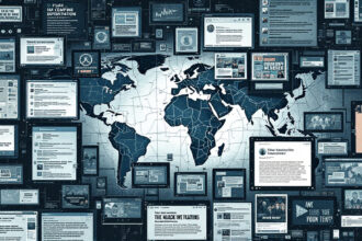 Illustration zu staatlich gesteuerten Desinformationskampagnen über soziale Medien mit Symbolen für Russland, China, Iran und digitale Fälschungen.