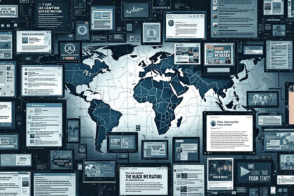 Illustration zu staatlich gesteuerten Desinformationskampagnen über soziale Medien mit Symbolen für Russland, China, Iran und digitale Fälschungen.