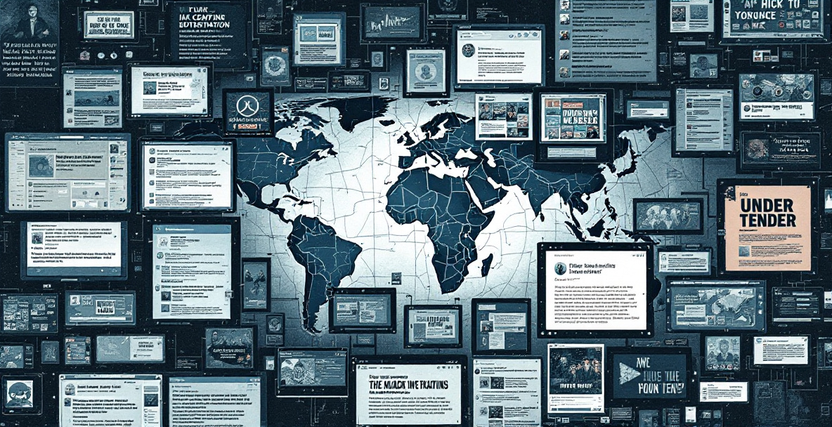 Illustration zu staatlich gesteuerten Desinformationskampagnen über soziale Medien mit Symbolen für Russland, China, Iran und digitale Fälschungen.
