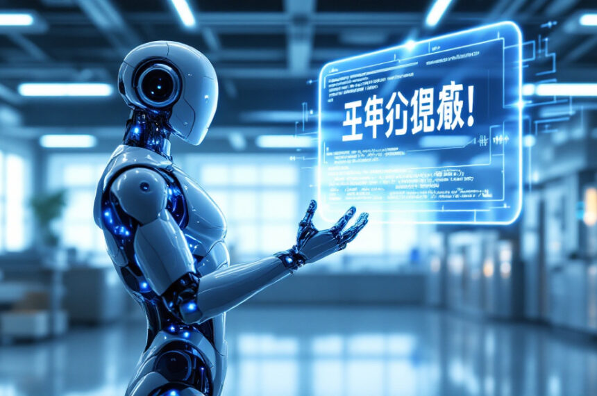 Moderner humanoider Roboter interagiert mit digitaler KI in einem Forschungslabor