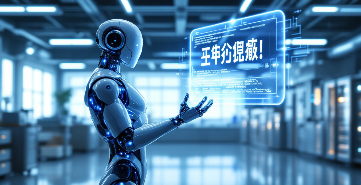 Moderner humanoider Roboter interagiert mit digitaler KI in einem Forschungslabor