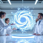 Forscher arbeiten im Labor mit digitalen KI-Analysen und holografischen Modellen.