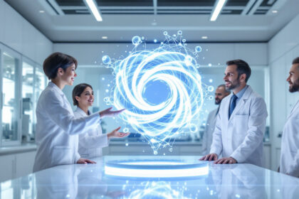 Forscher arbeiten im Labor mit digitalen KI-Analysen und holografischen Modellen.