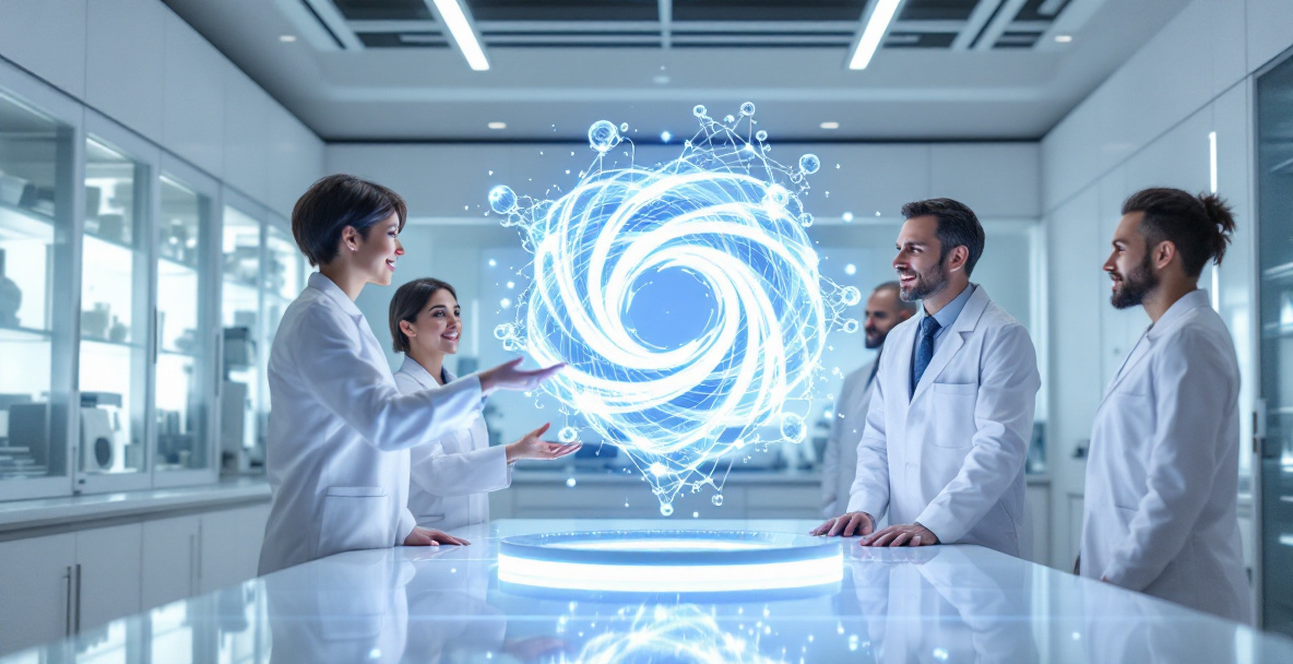 Forscher arbeiten im Labor mit digitalen KI-Analysen und holografischen Modellen.