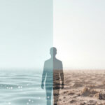 Visualisierung von Mikroplastik in Wasser und Boden mit menschlicher Silhouette als Zeichen der Gesundheitsgefahr.