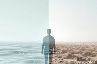 Visualisierung von Mikroplastik in Wasser und Boden mit menschlicher Silhouette als Zeichen der Gesundheitsgefahr.
