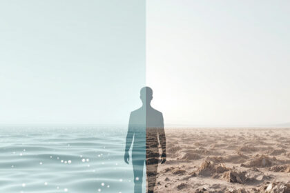 Visualisierung von Mikroplastik in Wasser und Boden mit menschlicher Silhouette als Zeichen der Gesundheitsgefahr.