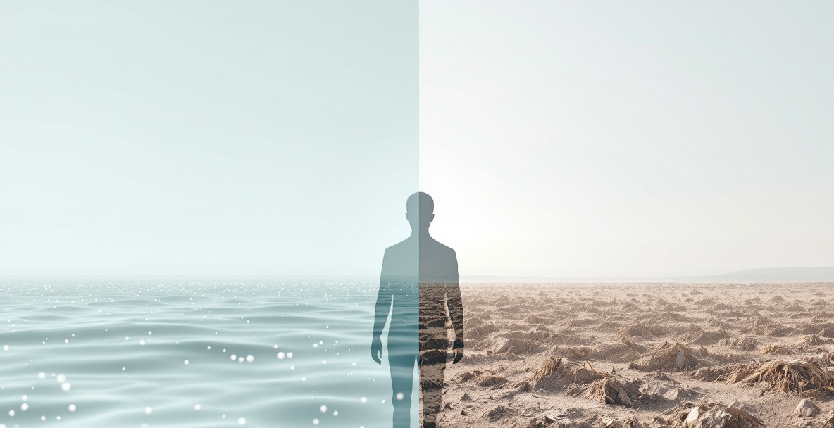 Visualisierung von Mikroplastik in Wasser und Boden mit menschlicher Silhouette als Zeichen der Gesundheitsgefahr.
