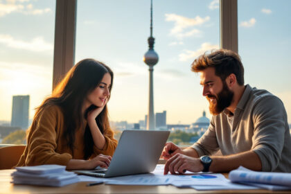 Zwei Millennials besprechen Finanzunterlagen mit Blick auf eine deutsche Großstadt, Altersvorsorge-Symbolik.