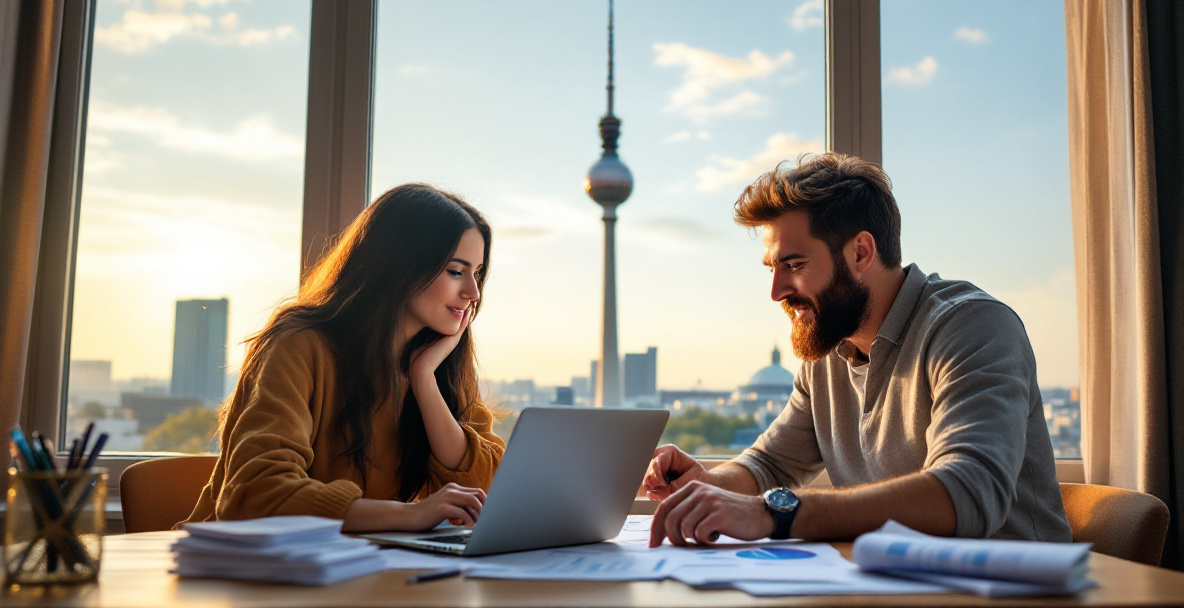 Zwei Millennials besprechen Finanzunterlagen mit Blick auf eine deutsche Großstadt, Altersvorsorge-Symbolik.