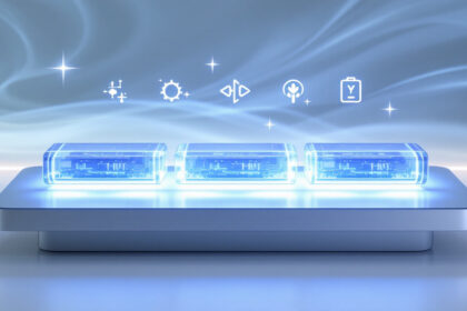 Transparente Festkörperbatterien auf einem modernen Tisch mit leuchtenden Energieflüssen.