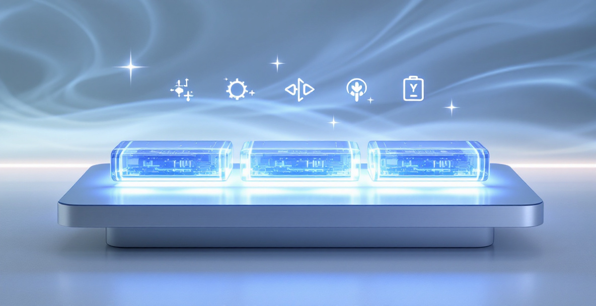 Transparente Festkörperbatterien auf einem modernen Tisch mit leuchtenden Energieflüssen.