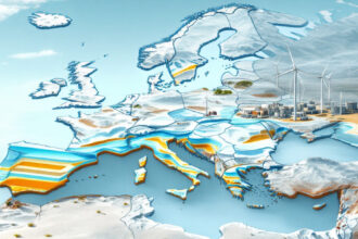 Querschnitt durch Europa mit geologischen Wasserstoffreserven, Windkraftanlagen und Industrieanlagen zur symbolischen Darstellung des natürlichen Wasserstoffpotenzials.