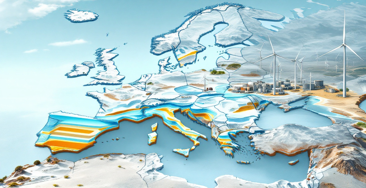 Querschnitt durch Europa mit geologischen Wasserstoffreserven, Windkraftanlagen und Industrieanlagen zur symbolischen Darstellung des natürlichen Wasserstoffpotenzials.