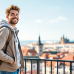 Junge Reisende mit Rucksack blickt auf europäische Stadt und plant ihre Budget-Reise.
