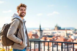 Junge Reisende mit Rucksack blickt auf europäische Stadt und plant ihre Budget-Reise.