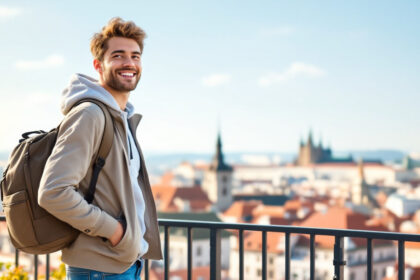 Junge Reisende mit Rucksack blickt auf europäische Stadt und plant ihre Budget-Reise.