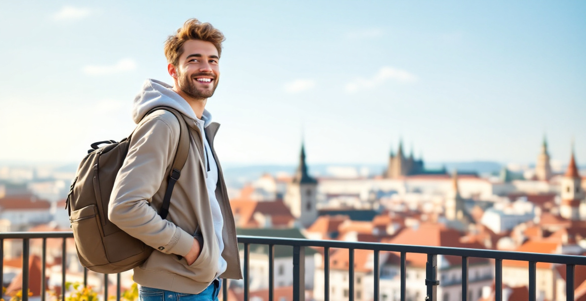 Junge Reisende mit Rucksack blickt auf europäische Stadt und plant ihre Budget-Reise.
