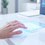 Eine Hand tippt einen sorgfältig formulierten Prompt in eine moderne KI-Oberfläche, um die Bedeutung von Prompt Engineering darzustellen.