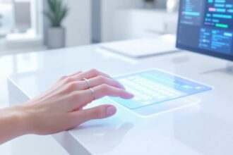 Eine Hand tippt einen sorgfältig formulierten Prompt in eine moderne KI-Oberfläche, um die Bedeutung von Prompt Engineering darzustellen.