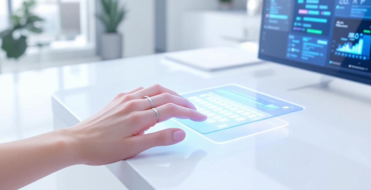 Eine Hand tippt einen sorgfältig formulierten Prompt in eine moderne KI-Oberfläche, um die Bedeutung von Prompt Engineering darzustellen.