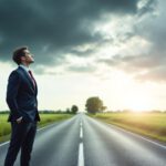 Ein nachdenklicher Mensch im Business-Outfit steht an einer Weggabelung zwischen dunkler Wolke und hellem Sonnenlicht – Symbol für Burnout-Prävention.